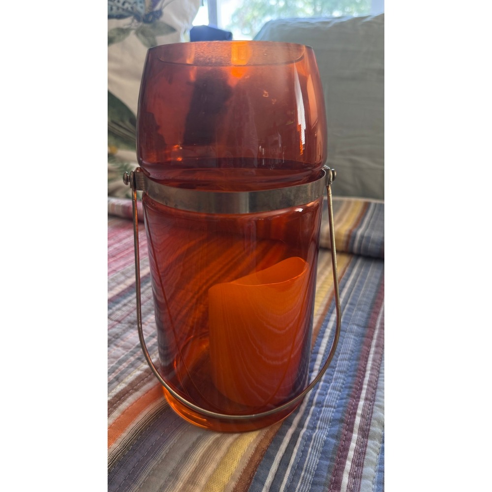 Vtg Orange Painted Glass Lantern Hurricane Candle Holder Metal Handle Gold Toned